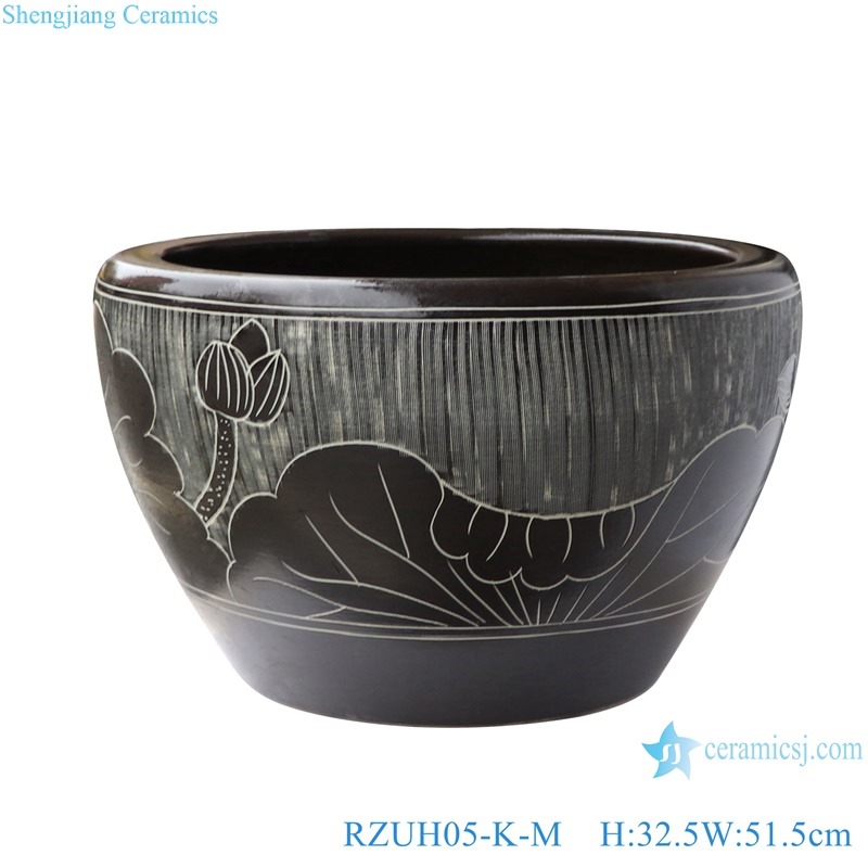 RZUH05-K-M Antique Jingdezhen ceramic water tank black color carving lotus pattern fish planter pot