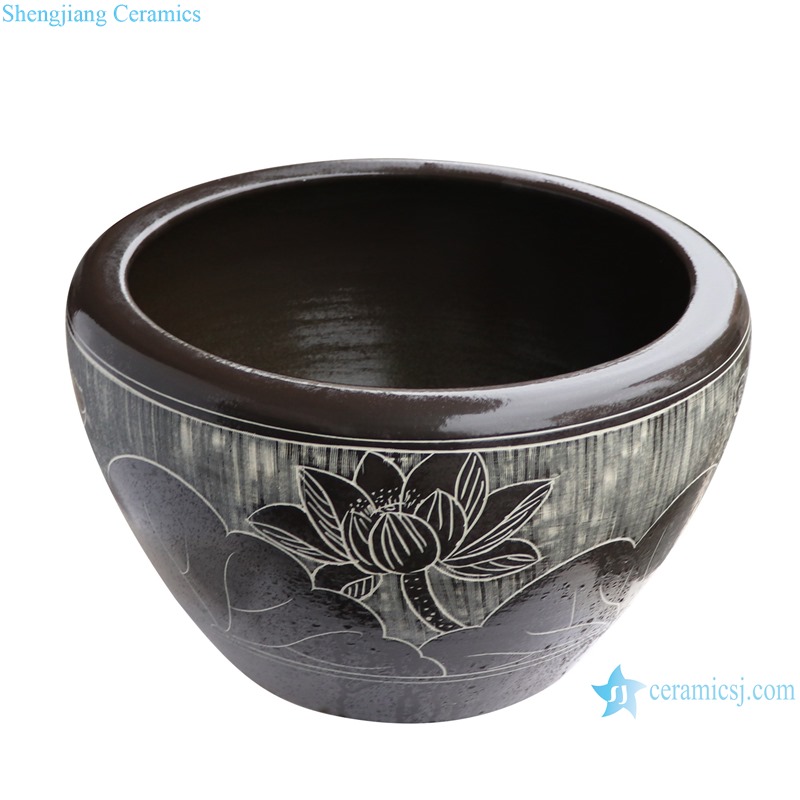 RZUH05-K-L-M-S Antique Jingdezhen ceramic water tank black color carving lotus pattern fish planter pot