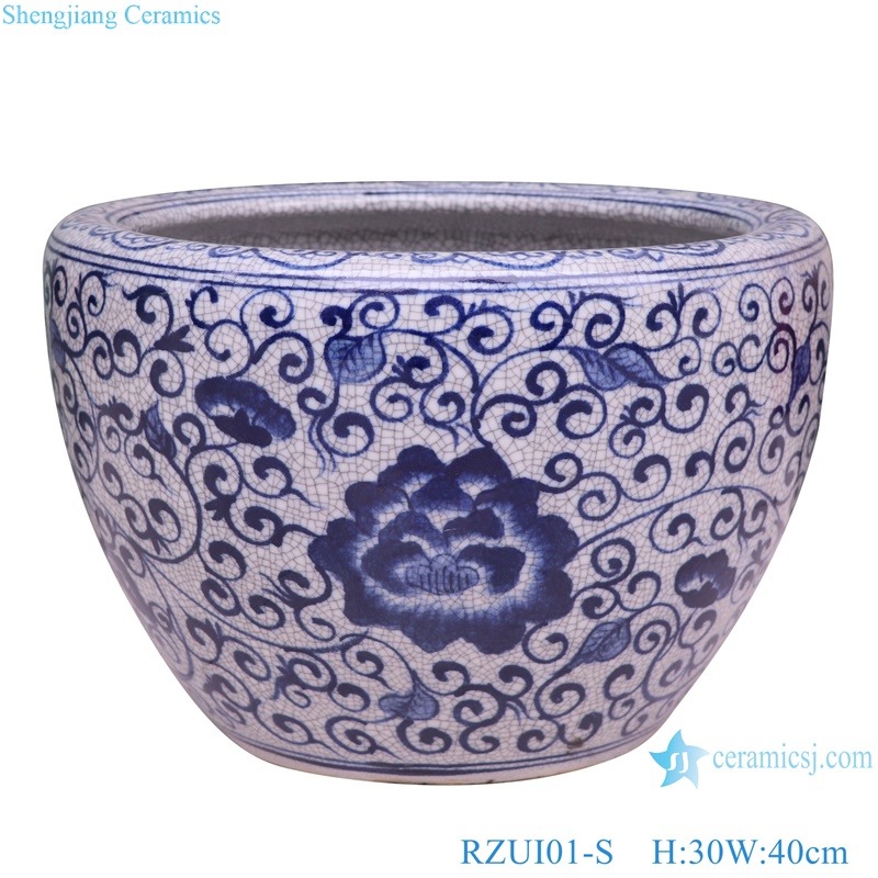 RZUI01 Blue and white tangled lotus and fish pattern ceramic fish tank planter flowerpot