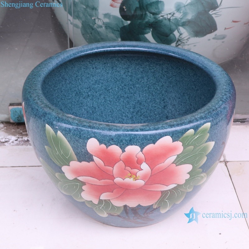 RZUI06 Blue bottom peony flower pattern fish tank ceramic garden outdoor planter pot