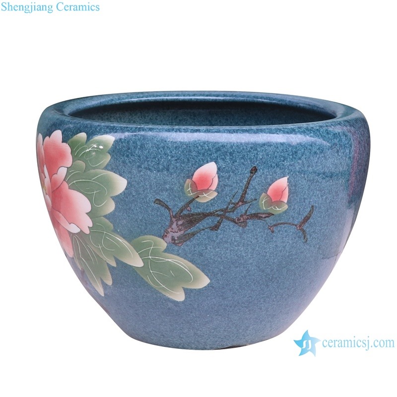RZUI06 Blue bottom peony flower pattern fish tank ceramic garden outdoor planter pot