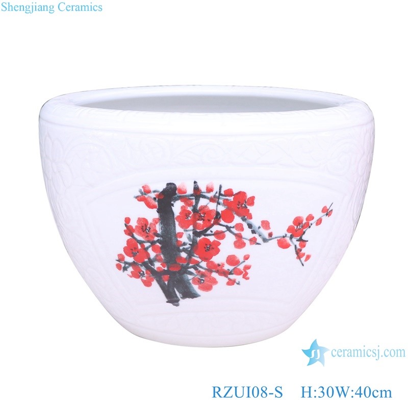 RZUI08 Window carved white background,red plum,peony,lotus,four seasons flower fish tank ceramic garden outdoor planter pot