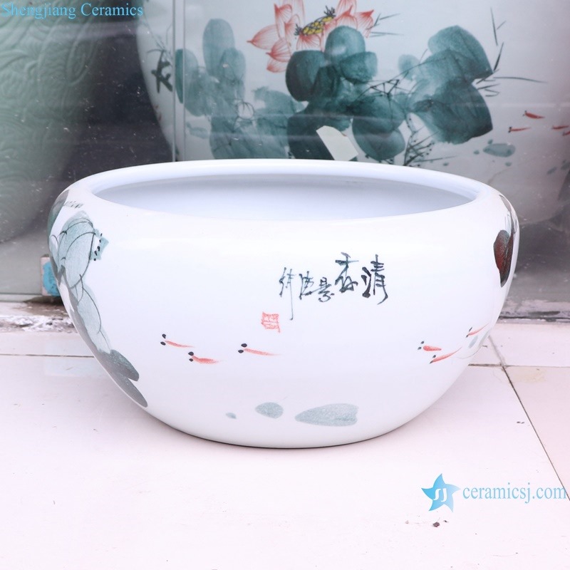 RZUI12 Ink color green lotus and fish pattern ceramic small planter flowerpot water tank