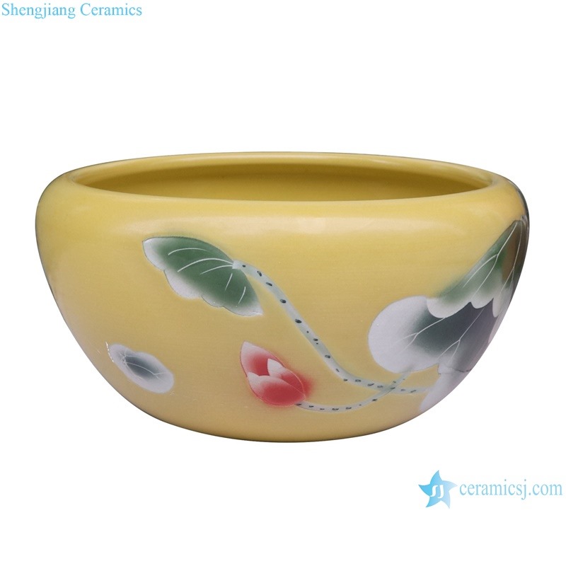 RZUI13 Yellow bottom green lotus and fish pattern ceramic small planter flowerpot water tank