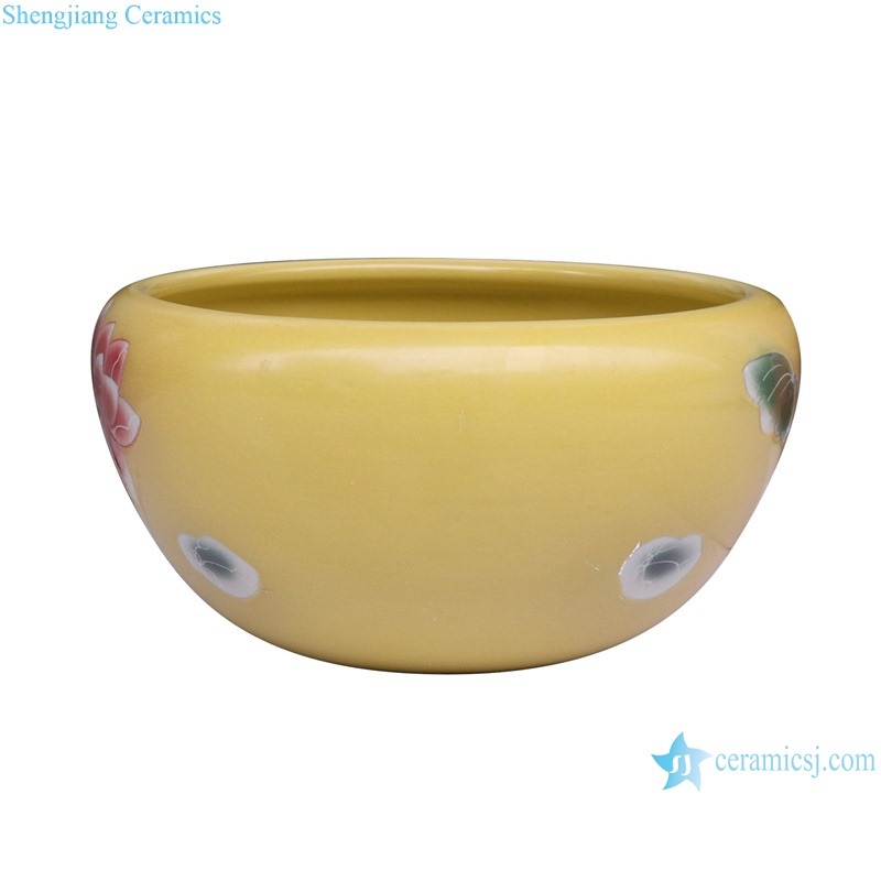 RZUI13 Yellow bottom green lotus and fish pattern ceramic small planter flowerpot water tank