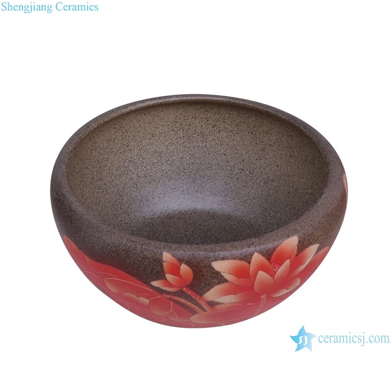 RZUI14 Grey bottom red lotus and fish pattern ceramic small planter flowerpot water tank