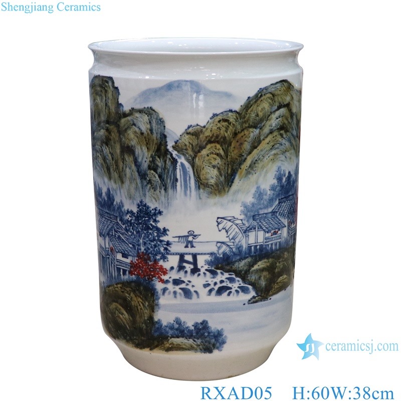RXAD03-04-05-12 Jingdezhen high quality hand painted landscape pattern cylinder shape porcelain scroll holder umbrella stand