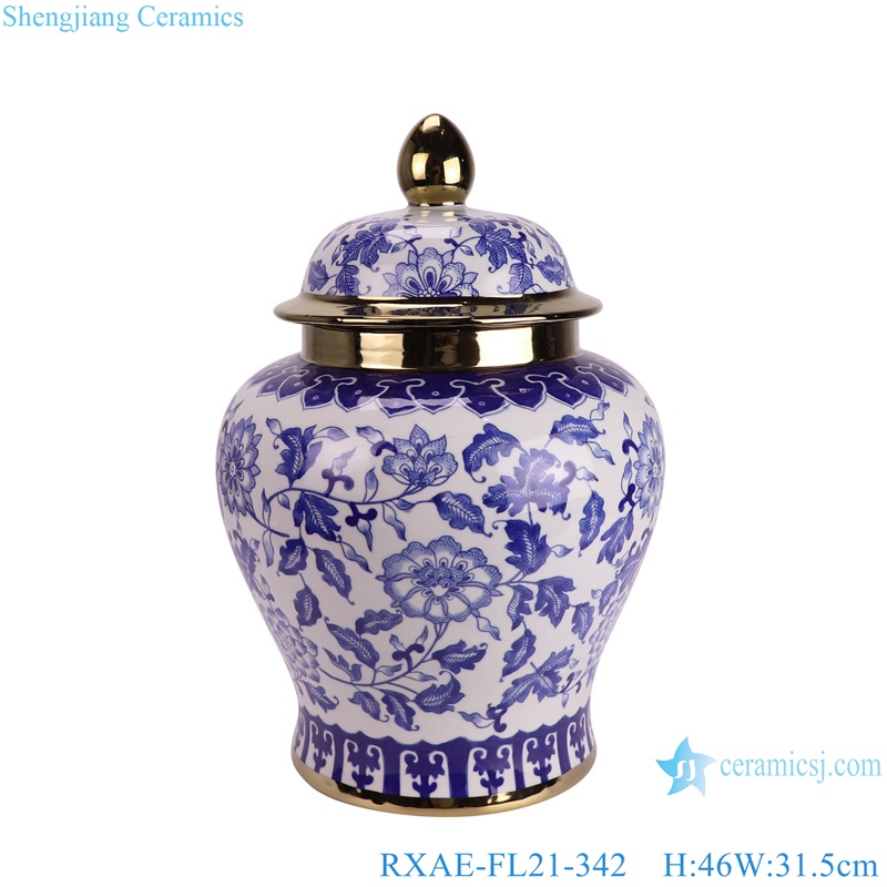 RXAE-FL21-342 Modern style Gold trim Twisted flower Pattern Blue and White ginger jars Porcelain temple run Jar with lid