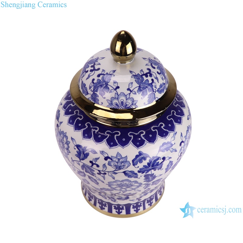 RXAE-FL21-342 Gold trim Twisted flower Pattern Blue and White ginger jars Porcelain temple run Jar 