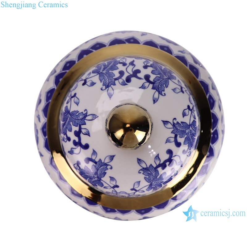 RXAE-FL21-342 Gold trim Twisted flower Pattern Blue and White ginger jars Porcelain temple run Jar --top view
