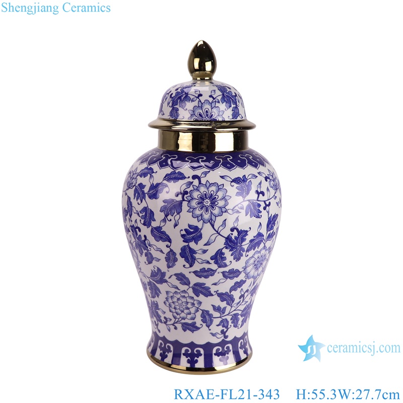 RXAE-FL21-343 Gold trim Twisted flower Pattern Blue and White ginger jars Porcelain temple run Jar