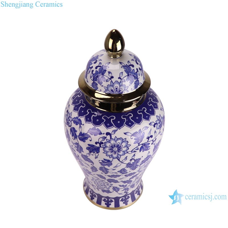RXAE-FL21-343 Gold trim Twisted flower Pattern Blue and White ginger jars Porcelain temple run Jar--vertical view