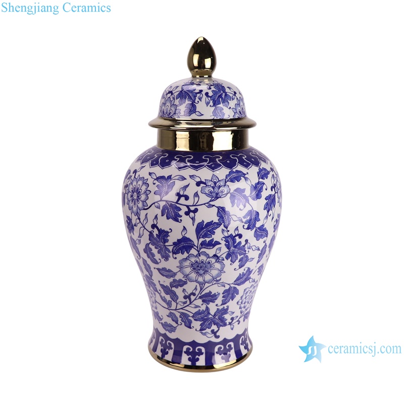 RXAE-FL21-343 Gold trim Twisted flower Pattern Blue and White ginger jars Porcelain temple run Jar--side view