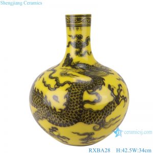 RXBA28 Chinese Vintage Chinese Dragon Pattern Ceramic Globular Vase Okho spring bottle Yellow color