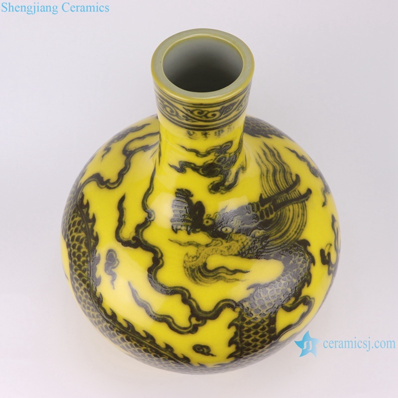 RXBA28 Chinese Vintage Chinese Dragon Pattern Ceramic Globular Vase Okho spring bottle Yellow color--vertical view