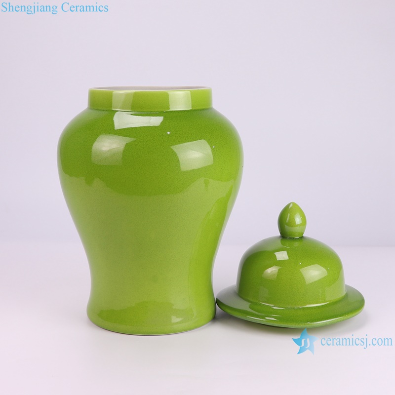 RYDB58-C-S Ceramic Green ginger jar with Lid Solid Color glazed Chinese Decorative ginger jar
