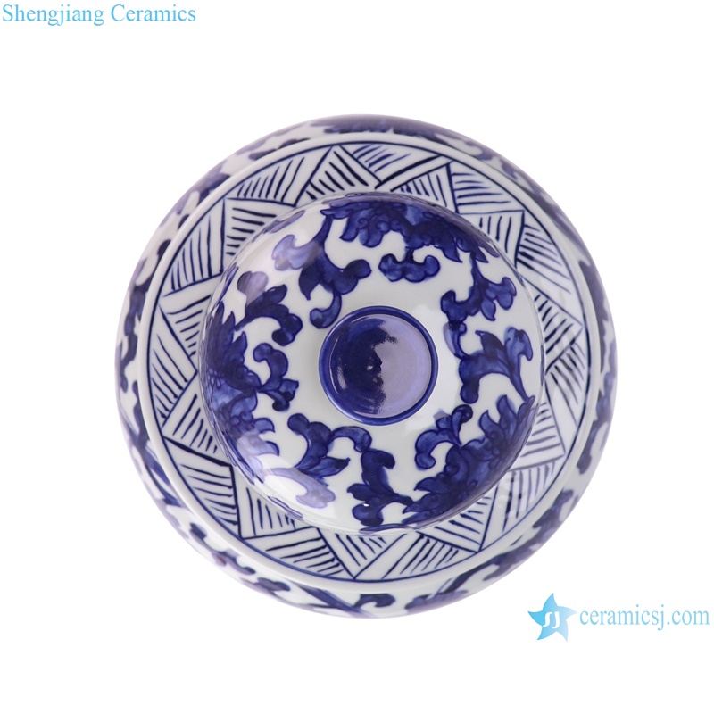 RYNQ196-D Chinese Handpainted Flower pattern blue and white ginger jar with lid Antique style--top view