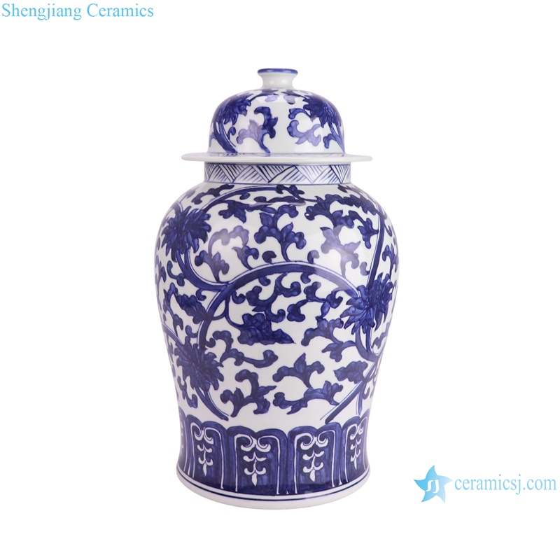 RYNQ196-D Chinese Handpainted Flower pattern blue and white ginger jar with lid Antique style--side view