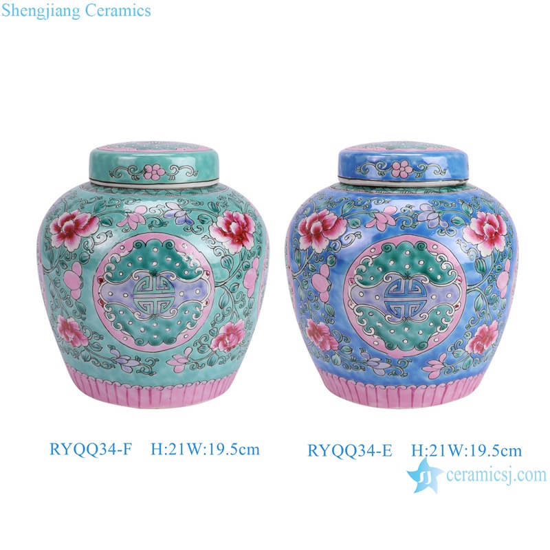 RYQQ34-E-F Chinese Style decorative jars with Lid Pink blue green Peony flower Letters Tea Pot Canisters