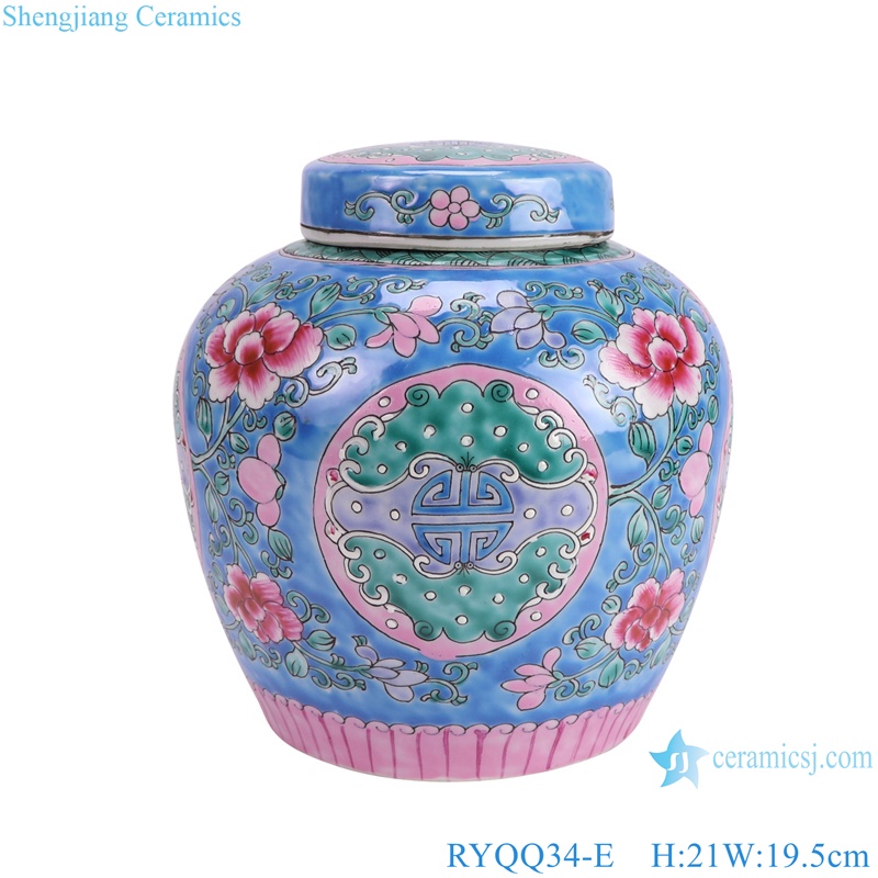 RYQQ34-E Chinese Style decorative jars with Lid blue Peony flower Letters Tea Pot