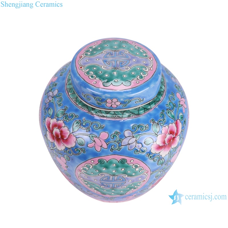 RYQQ34-E Chinese Style decorative jars with Lid blue Peony flower Letters Tea Pot--vertical view
