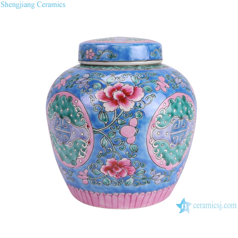 RYQQ34-E Chinese Style decorative jars with Lid blue Peony flower Letters Tea Pot--side view