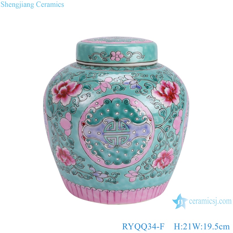 RYQQ34-F Chinese Style decorative jars with Lid Pink green Peony flower Letters Tea Pot Canisters