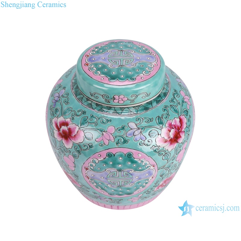 RYQQ34-F Chinese Style decorative jars with Lid Pink green Peony flower Letters Tea Pot Canisters--vertical view