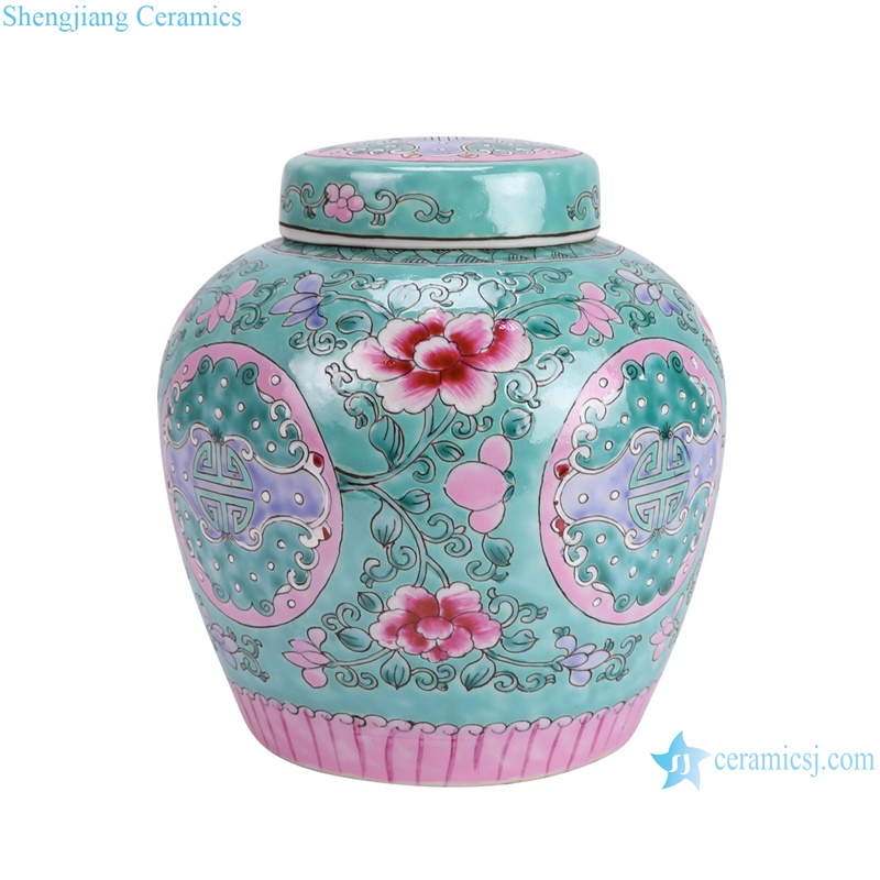 RYQQ34-F Chinese Style decorative jars with Lid Pink green Peony flower Letters Tea Pot Canisters--side view
