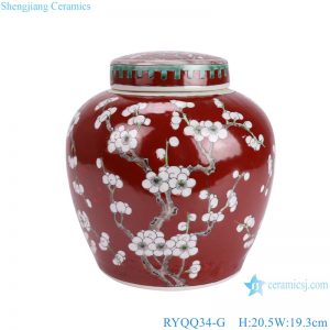 RYQQ34-G White Plum blossom Dark red Ceramic Mason Jar Porcelain cookie small jar with lid