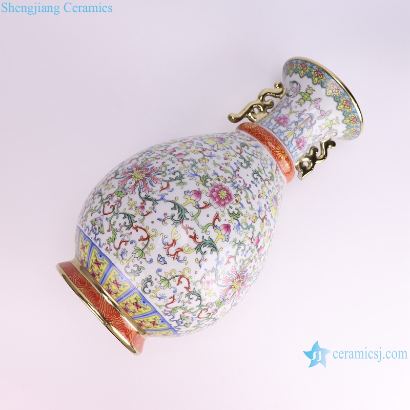RZUF02-A Gold Line flower pattern Colorful Okho spring bottle Ceramic Flower Vase--lay down view