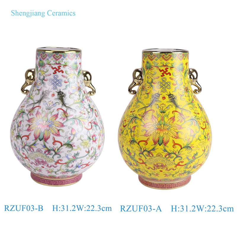 RZUF03-A-B Yellow White enamel colorful Twig pattern Ceramic Bucket Flower vase with gold trim