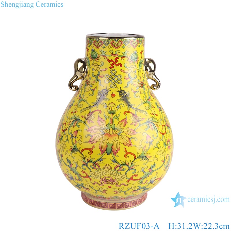 RZUF03-A Yellow enamel colorful Twig pattern Ceramic Bucket Flower vase with gold trim