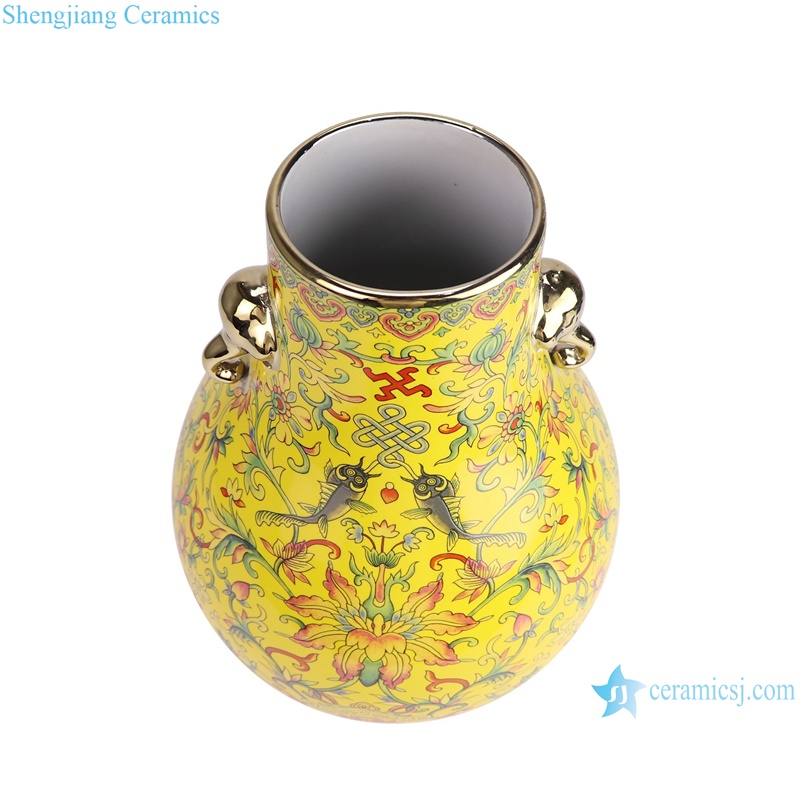 RZUF03-A-B Yellow enamel colorful Twig pattern Ceramic Bucket Flower vase with gold trim- vertical view
