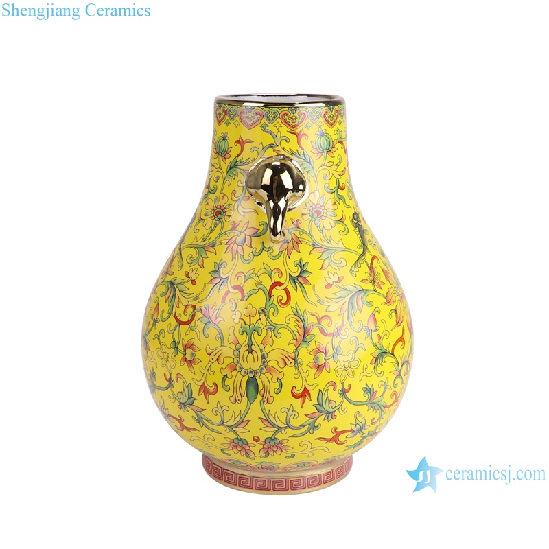 RZUF03-A-B Yellow enamel colorful Twig pattern Ceramic Bucket Flower vase with gold trim- side view
