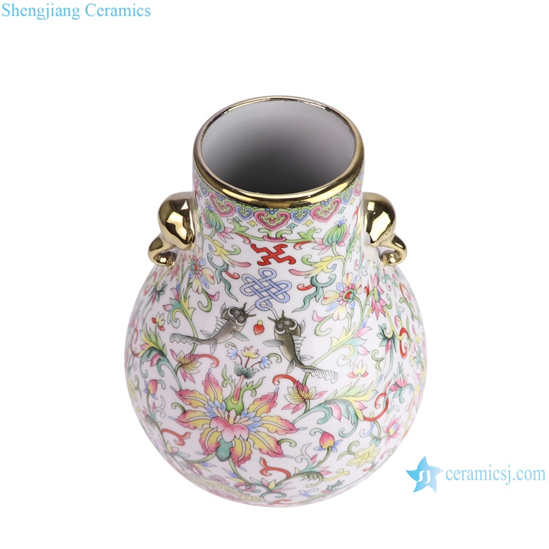 RZUF03-B White enamel colorful Twig pattern Ceramic Bucket Flower vase with gold trim--vertical view