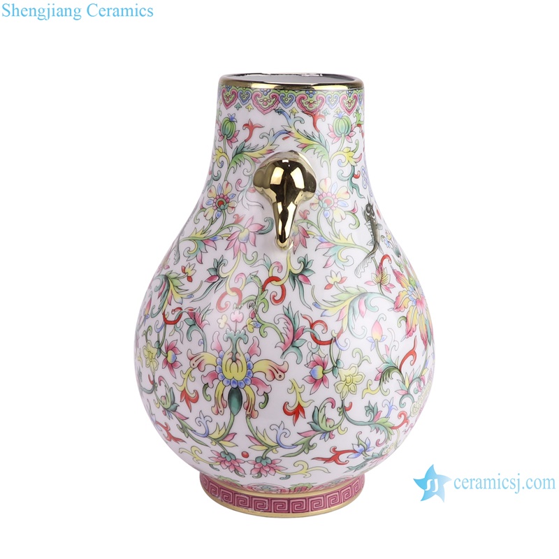 RZUF03-B White enamel colorful Twig pattern Ceramic Bucket Flower vase with gold trim--side view