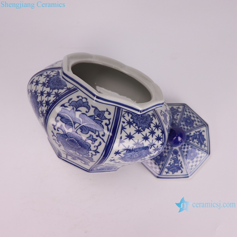 RXAE-YYH19-031B low price beautiful blue and white floral pattern octangle shape ceramic jar