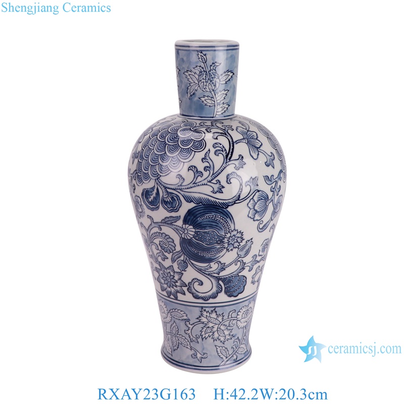 RXAY23G163 Modern Style Long Neck pomegranate Pattern Chinese blue and white Ceramic Flower vase 
