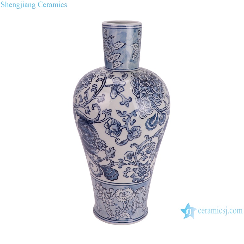 RXAY23G163 Modern Style Long Neck pomegranate Pattern Chinese blue and white Ceramic Flower vase --side view