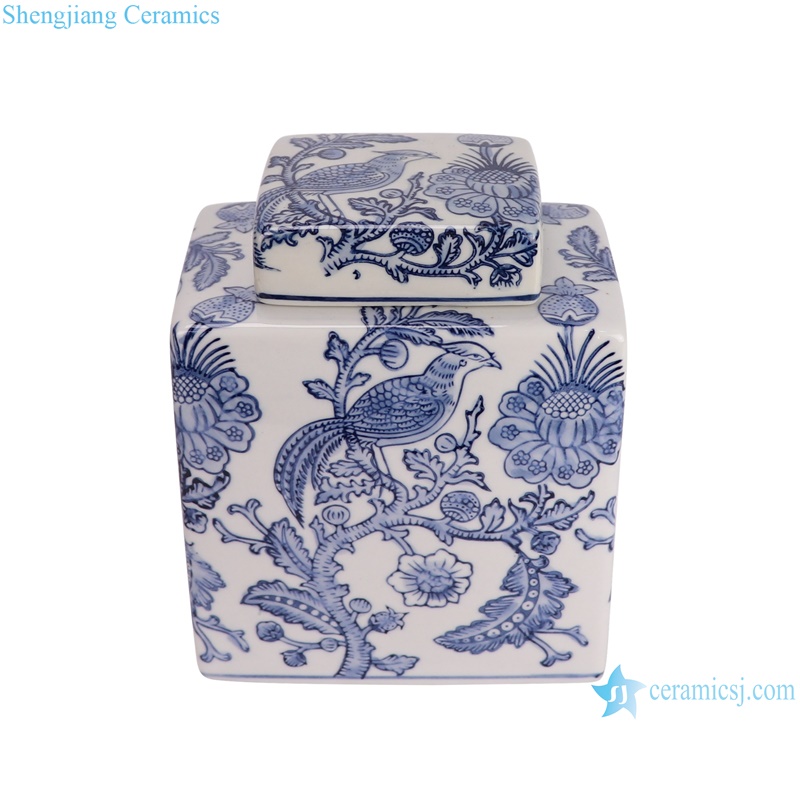 RXAY23G177 Blue and white flower bird square jar Tea Canister Pot--vertical view