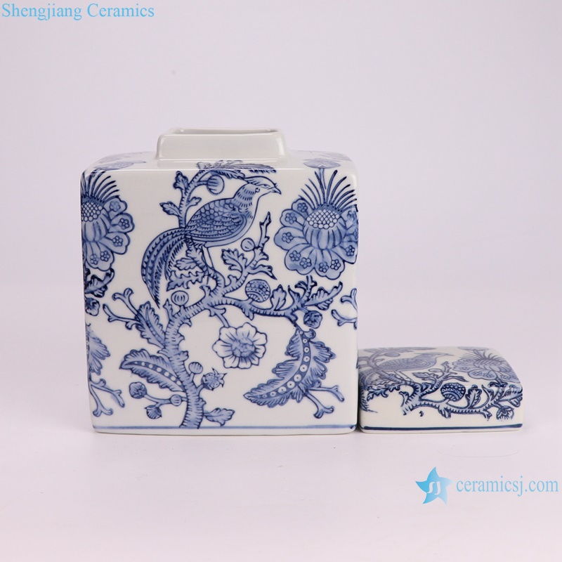 RXAY23G177 Blue and white flower bird square jar Tea Canister Pot