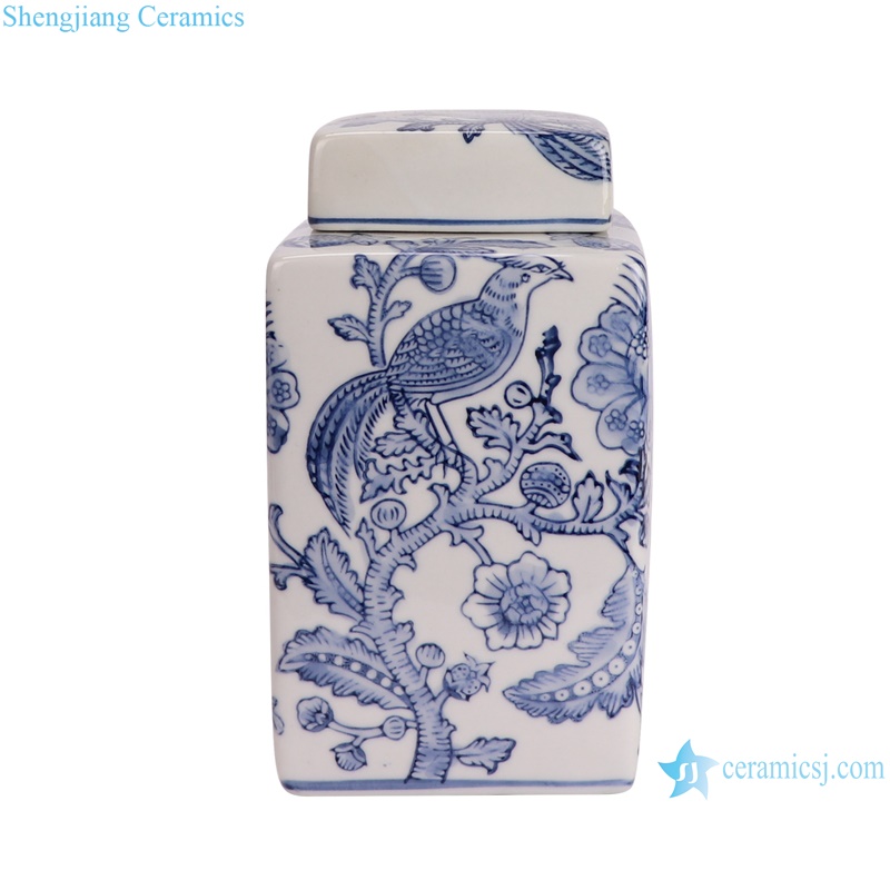 RXAY23G177 Blue and white flower bird square jar Tea Canister Pot--side view