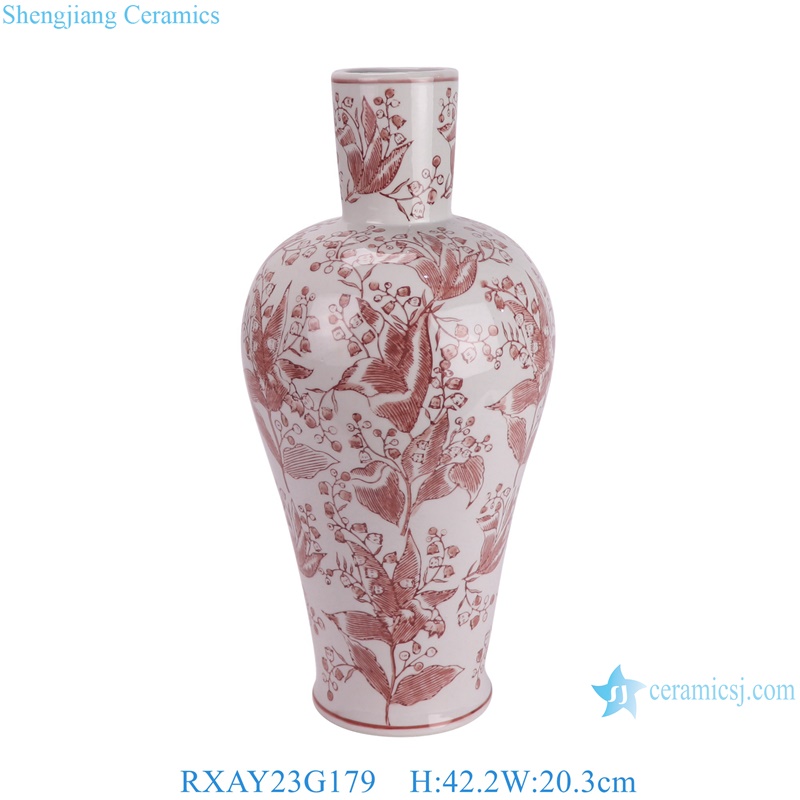 RXAY23G179 Modern Style Red Long Neck leaf pattern Chinese Ceramic Flower vase 