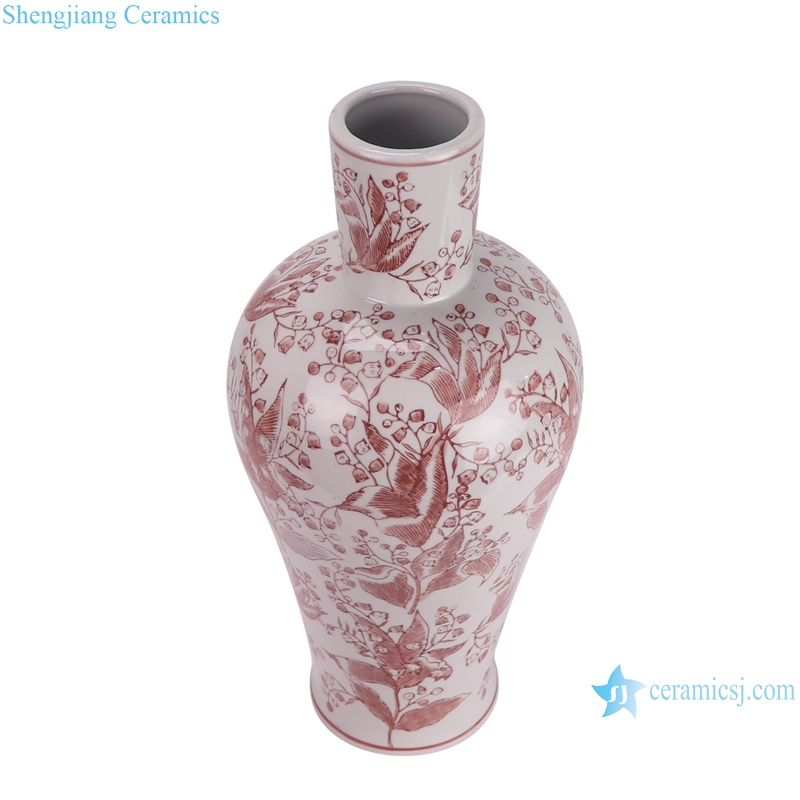 RXAY23G179 Modern Style Red Long Neck leaf pattern Chinese Ceramic Flower vase --vertical view
