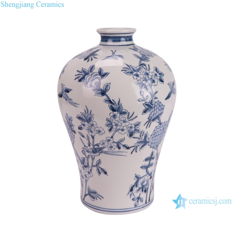 RXAY23G180 Chinese Blue and White Flower and Bird Plum Ceramic Flower vase--side view