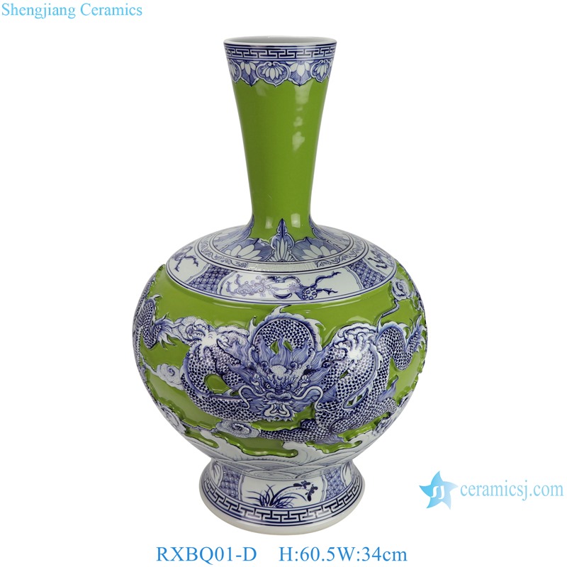 Green ground engraving dragon porcelain vase for home decoration