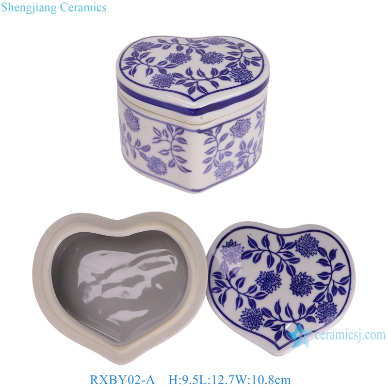 RXBY02-A Blue and white floral pattern heart shape ceramic tea caddy