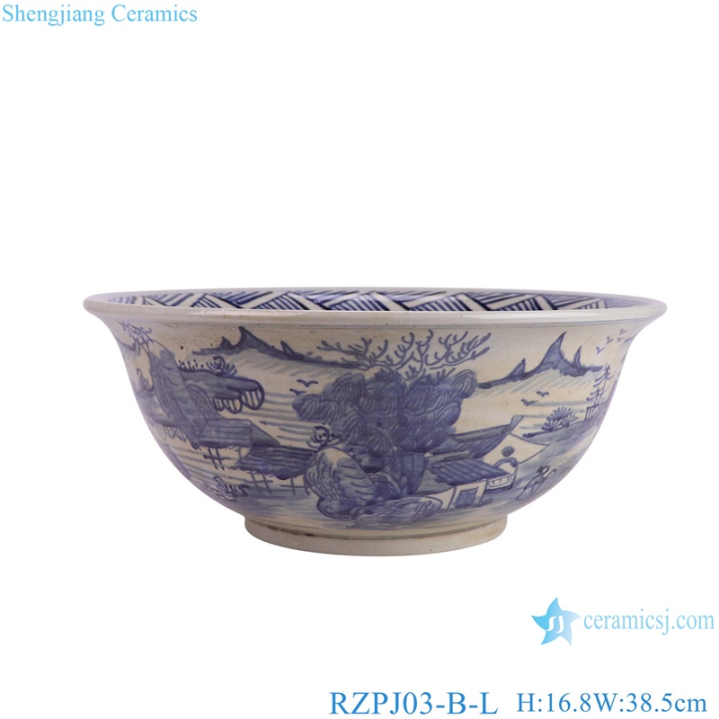 RZPJ03-B-L high quality blue and white hand painted landscape pattern big size bowl for garden