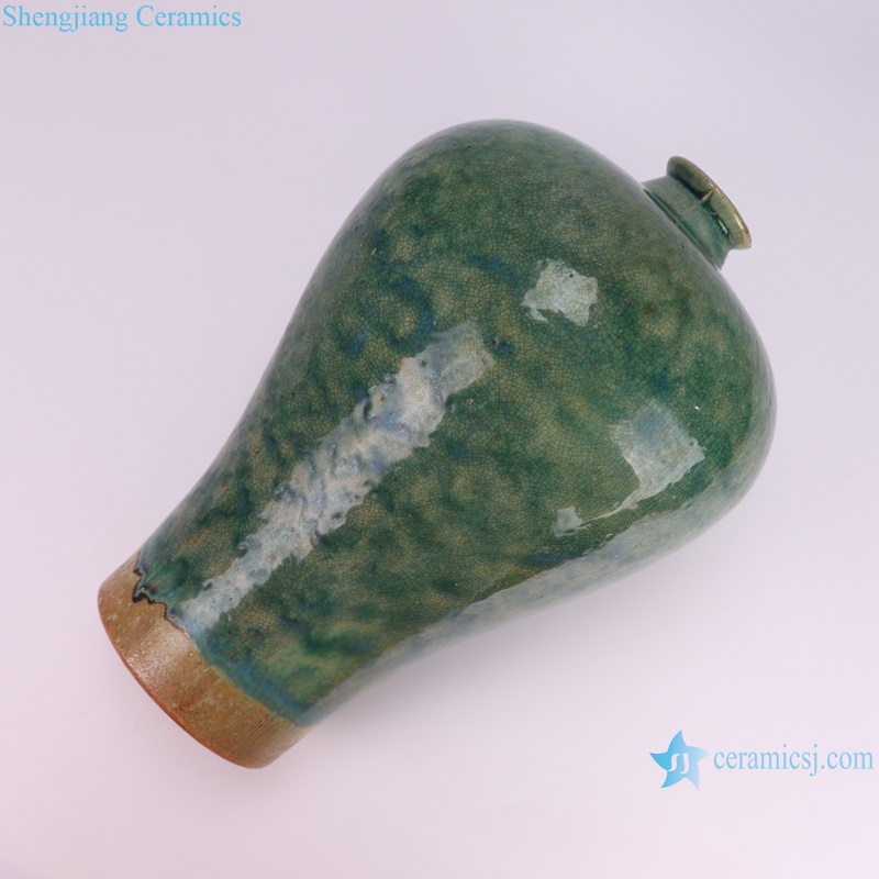 RZSP73 Antique Kiln Transform Green color Glazed Split Cracked Plum Ceramic Flower in Vase--lay down
